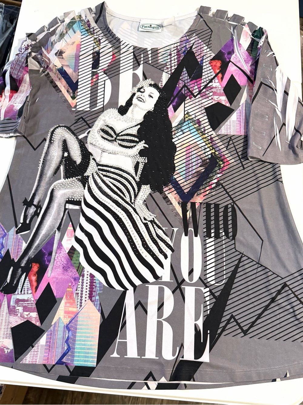 Patchington Gray Graphic Long-Sleeve Dress with Multicolor Accents